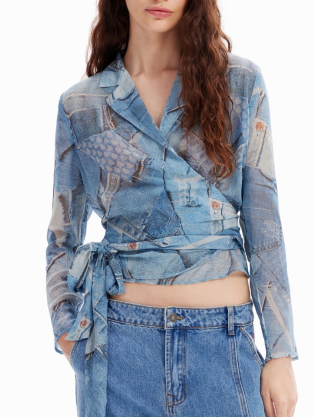 Desigual Denim Patchwork Wrap Blouse